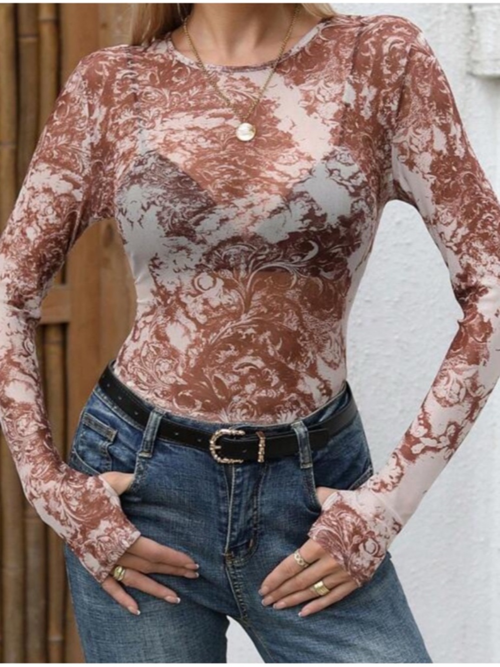 Sheer long sleeve mauve marble filigree print